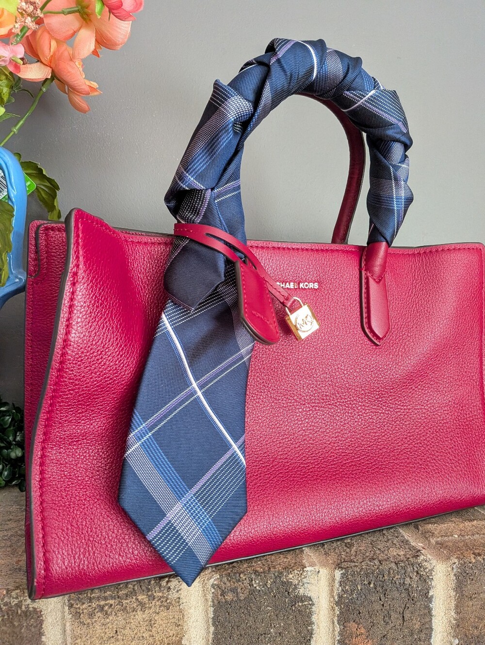 Michael Kors deep Cherry Red Leather Tote with Navy Scarf Accent - Picture 2 of 10